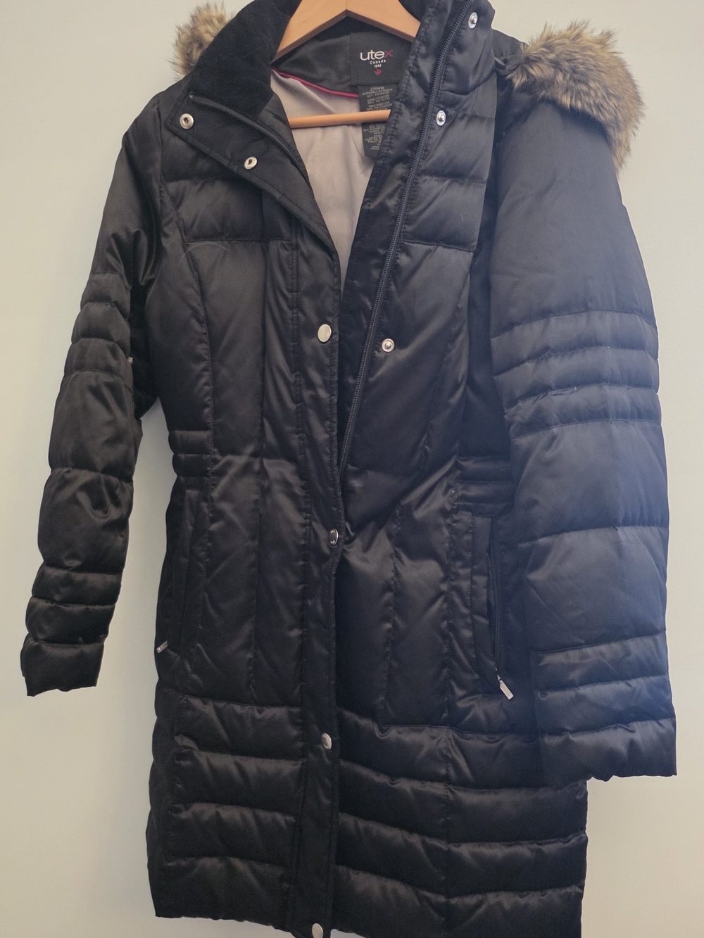 Utex Black Quilted Long Puffer Coat with Faux-Fur Hood Trim